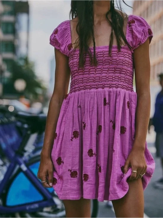 NWT Free People Tory Embroidered Mini Dress Pink Smocked Floral Boho Size Large - Picture 12 of 16